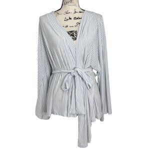 Lake Pajamas Robe Top Striped Long Sleeve Belted Modal White Blue Womens Size XL